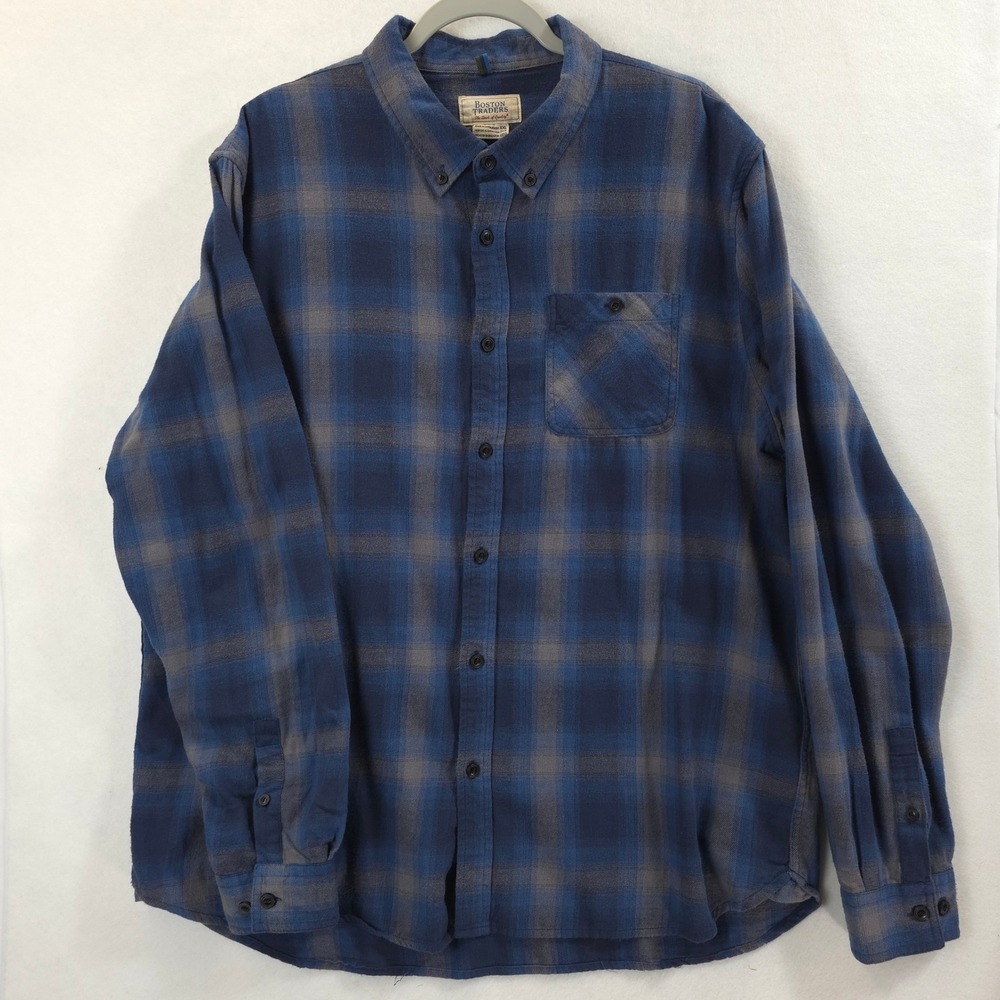 Boston Traders Flannel Shirt Plaid Blue Grey Mens XXL Rugged Outdoorsy